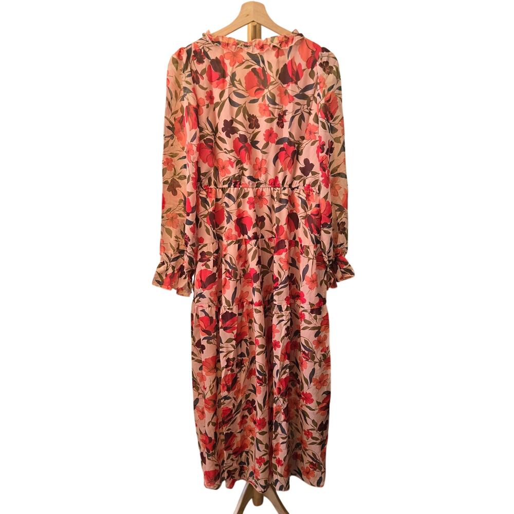 NWT Medium Pink Floral V-Neck Long-sleeved Midi Dress [0176-P] - Picture 2 of 9
